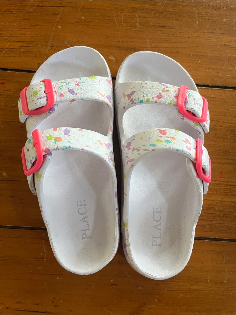 The Children's Place White Slide Sandals with Pink Buckles and Multicolor Splash